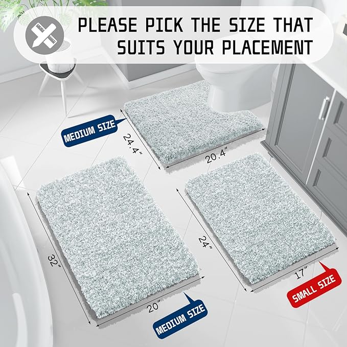 Yimobra Bathroom Rug Set 2 Piece, Soft Absorbent Microfiber Bath Mat Set, Non Slip Machine Washable Dry, Plush Shaggy Shower Rugs for Bathroom Floor, 32"x20"+24"x17", Sky Light Blue & White