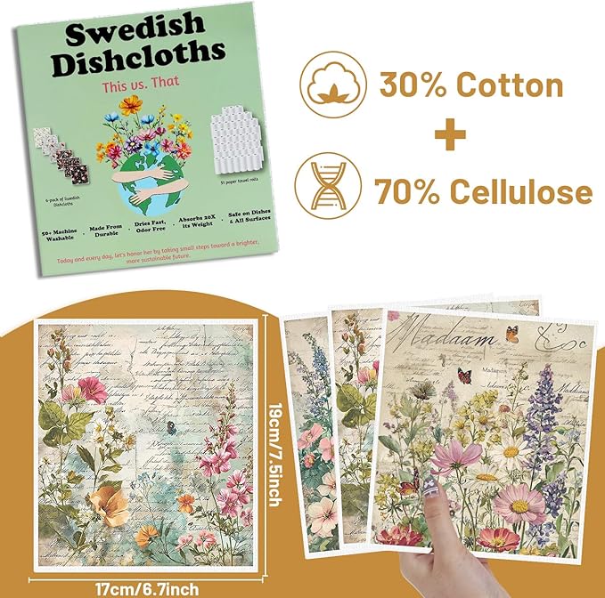 Floral Swedish Dishcloths for Kitchen, 6PCS Vintage Flower Swedish Dish Cloths Gift Set, Reusable Absorbent Cellulose Sponge Dish Towel for Home Cleaning(7.8 X 7 Inches)