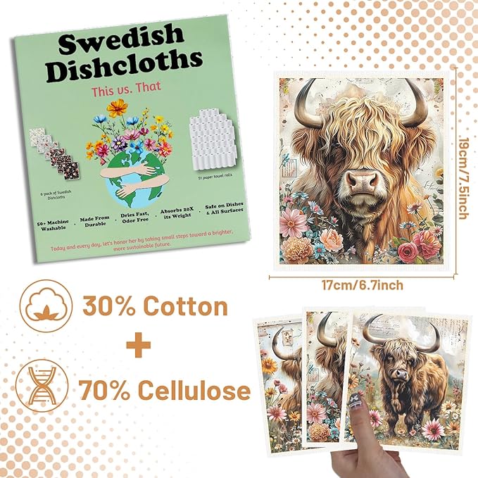Highland Cow Swedish Dishcloths for Kitchen 6PCS Floral Highland Cow Swedish Cloths for Washing Dishes Reusable Flower Animals Themed Washable Cotton Kitchen Towels for Home Supplies