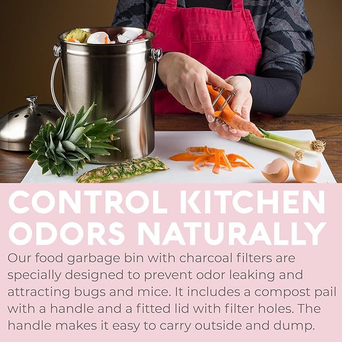 EPICA Countertop Compost Bin Kitchen | 1.3 Gallon | Odorless Composting Bin with Carbon Filters | Indoor Compost Bin with Lid | Stainless Steel Kitchen Composter for Food Scraps & Waste Recycling