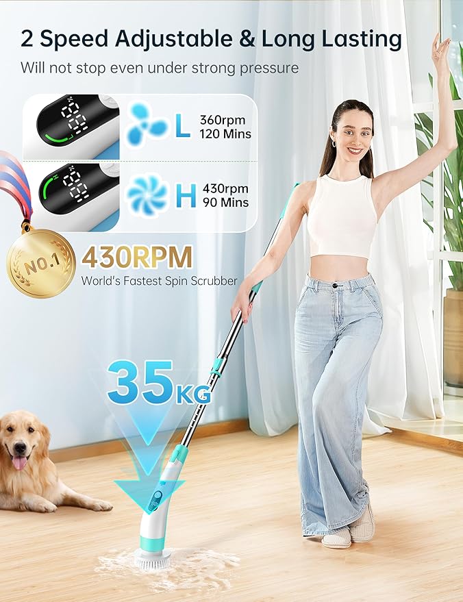Electric Spin Scrubber with LED Display, IPX7 Waterproof Powerful Shower Scrubber, 2H Runtime, 2 Speeds, Adjustable Handle, 8 Brush Heads for Bathtub Tile Car-Green and White