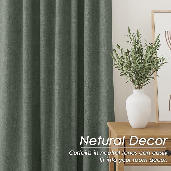 Olive Green Linen 100% Black Out Curtains 108 Inches Long 2 Panels Set for Bedroom Boho Farmhouse Back Tab Thermal Insulated Energy Efficient Curtains Living Room High Ceiling Length 9 FT 52x108