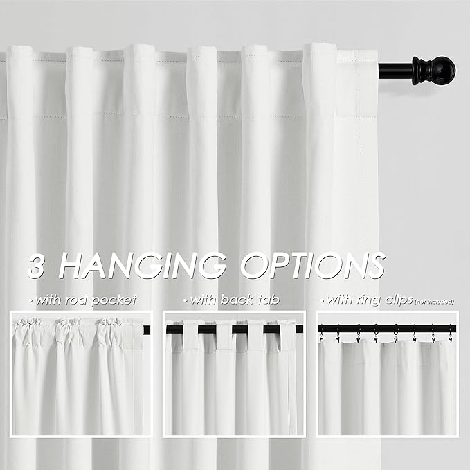 Full Black Out Off White Window Curtains Panels 102 Inches Long 2 Panels Set for Living Room Cotton Textured Long Blackout Curtain with Backing Thermal Insulated Drapes for Nursery Bedroom 52x102