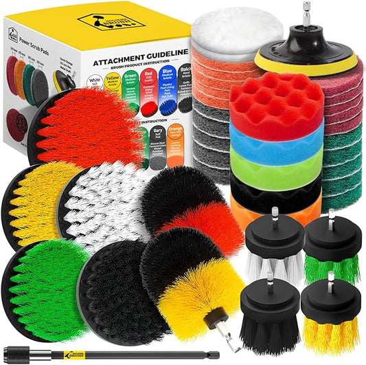 Holikme 40 Piece Drill Brush Attachment Set Scrub Pads Scouring Pads Power Scrubber Brush with Extend Long Attachment All Purpose Clean for Car Detailing，Grout, Tiles, Bathroom, Kitchen