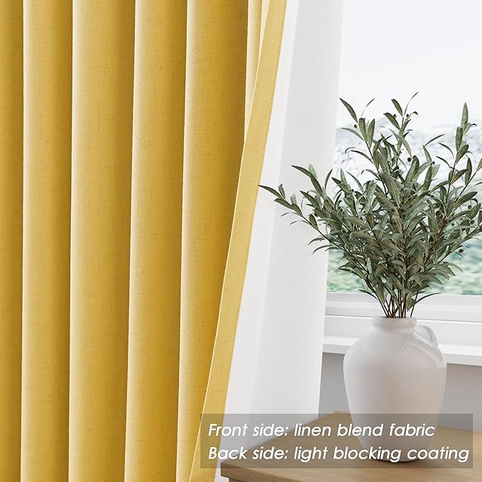 Nanspring Gold Yellow Linen Curtains 90 Inches Long Loop Pocket Rod Pocket Thermal Insulated Flax Linen Sound Proof Sun Block Out 2 Panels Set for Nursery Rustic Farmhouse Curtains Drapes 52x90