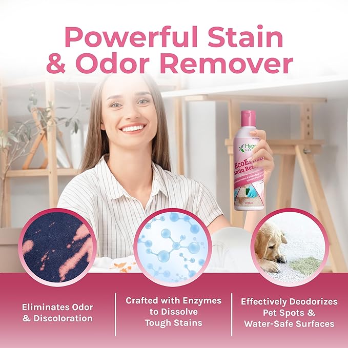 Hygea Natural EcoEraser Stain & Odor Remover - Liquid Formula for Carpet, Rugs, Upholstery, Fabrics - Deodorizing Pet Spot Cleaner (32 oz)