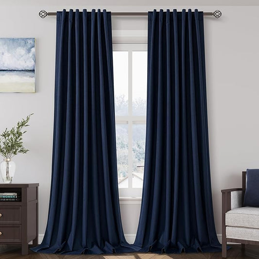 Navy Blue Linen Blackout Curtains 132 inch Length Back Tab Rod Pocket Thermal Insulated Textured Living Room Blackout Curtains 2 Panels Set 52x132