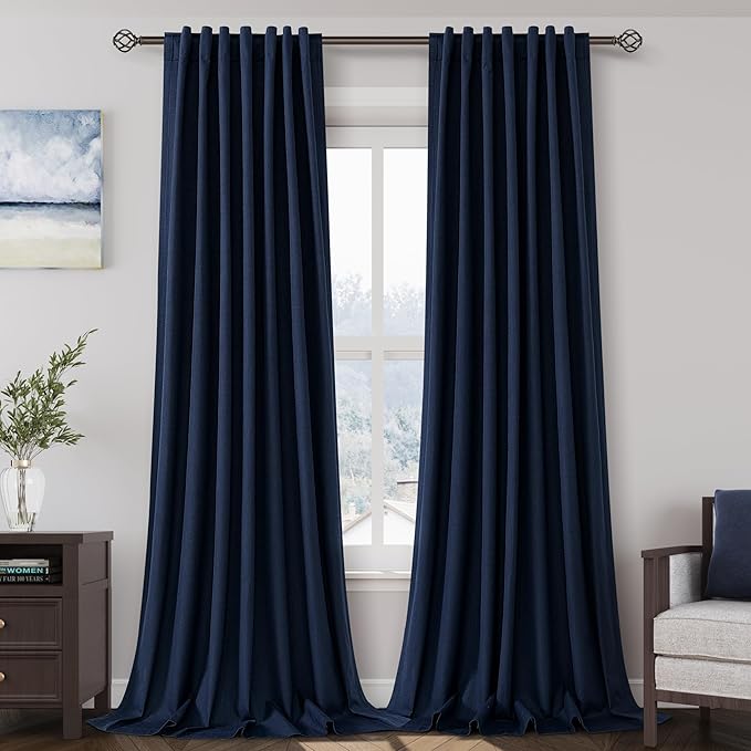 100% Blackout Linen Curtains 105 Inches Long 2 Panels for Bedroom Back Tab Pinch Pleated Black Out Curtains Modern Noise Cancelling Total Light Blocking Window Curtain 105 Inch Length Navy Blue