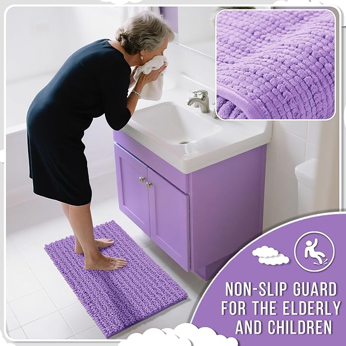 Yimobra Bathroom Rugs Non Slip Washable 24x17 Inch - Ultra Soft Absorbent Chenille Bath Mat, Quick Dry Shaggy Floor Carpet for Tub Shower, Lavender Home Decor Accessories