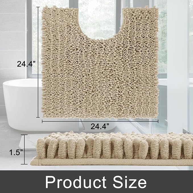 Yimobra Toilet Rug U Shaped Washable 24x20 Inch - Ultra Soft Absorbent Chenille Bath Rugs for Toilet, Quick Dry & Machine Washable, Non Slip Contour Bathroom Mat, Pale Khaki