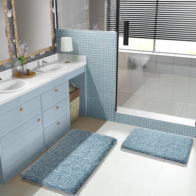 Yimobra Bathroom Rug Set 2 Piece, Soft Absorbent Microfiber Bath Mat Set, Non Slip Machine Washable Dry, Plush Shaggy Shower Rugs for Bathroom Floor, 32"x20"+24"x17", Denim Blue and White