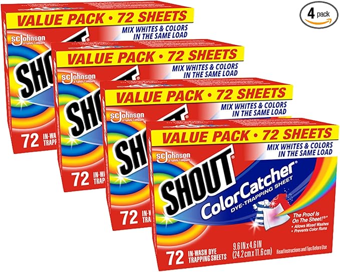 Shout Color Catcher Sheets for Laundry, Allow Mixed Washes, Prevents Color Runs and Maintains Original Clothing, 72 Count - Pack of 4 (288 Total Sheets)