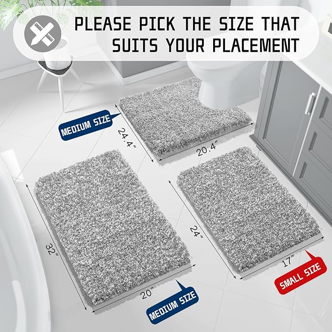 Yimobra Bathroom Rugs Sets 2 Piece, Soft Absorbent Bath Mat and U-Shaped Toilet Rug with Non Slip Backing, Machine Washable, Plush Shaggy Bath Mats for Bathroom, 24"x17"+24"x20", Light Gray and White