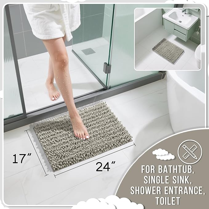 Yimobra Bathroom Rugs Non Slip Washable 24x17 Inch - Ultra Soft Absorbent Chenille Bath Mat, Quick Dry Shaggy Floor Carpet for Tub Shower, Sand Home Decor Accessories