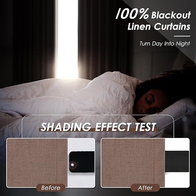 Caramel Brown Linen Blackout Curtains 108 Inches Long 2 Panel Set for Living Room Back Tab Pocket Drapes Cotton Textured Room Darkening Light Blocking Curtain for Bedroom Cottage High Window 52x108