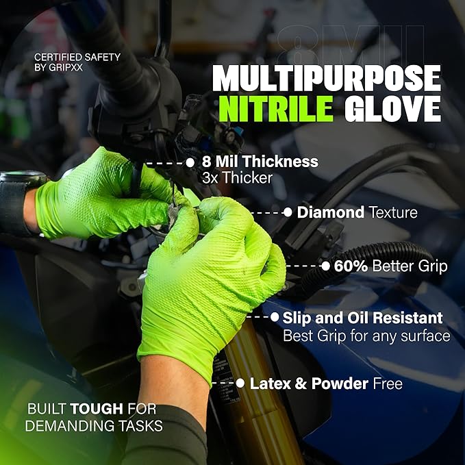 Herkules Grip Heavy Duty 8Mil Green Nitrile Gloves,3D Raised Diamond Texture-Latex & Powder Free-Industrial, Mechanic | Pack of (100 CT)
