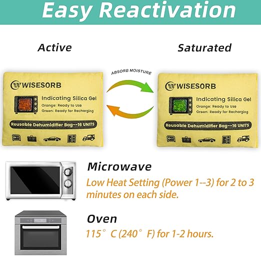 Rechargeable Gun Safe Dehumidifier, 6 Packs 8U Indicating Desiccant Packs with Transparent Window for Storage Reusable Silica Gel Packets Moisture Absorbers Safe Dehumidifier