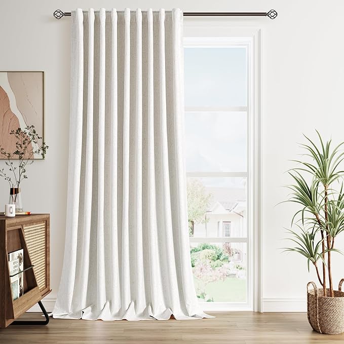 Nanspring 100% Blackout Linen Curtains 102 Inches Long 1 Panel for Bedroom Back Tab Pinch Pleated Black Out Curtain Neutral Cream Noise Cancelling Light Blocking Window Curtain 70x102