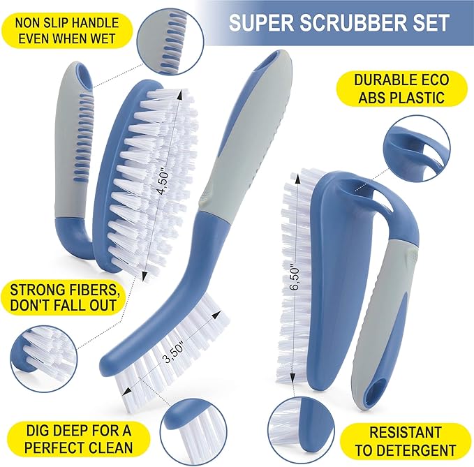 Scrub Brush Set of 3pcs - Cleaning Shower Scrubber with Ergonomic Handle and Durable Bristles - Grout Cleaner Brush - Scrub Brushes for Cleaning Bathroom/Shower/Tile/Kitchen/Floor/Bathtub/Carpet, Blue