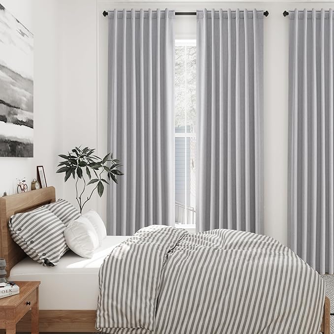 Grey Linen Blackout Curtains 120 Inch Length 2 Panels Set Extra Long 10 Ft Back Tab Pocket Drapes Thermal Insulated Total Blocking Curtains for Dining Room Cottage High Window Curtain 52x120