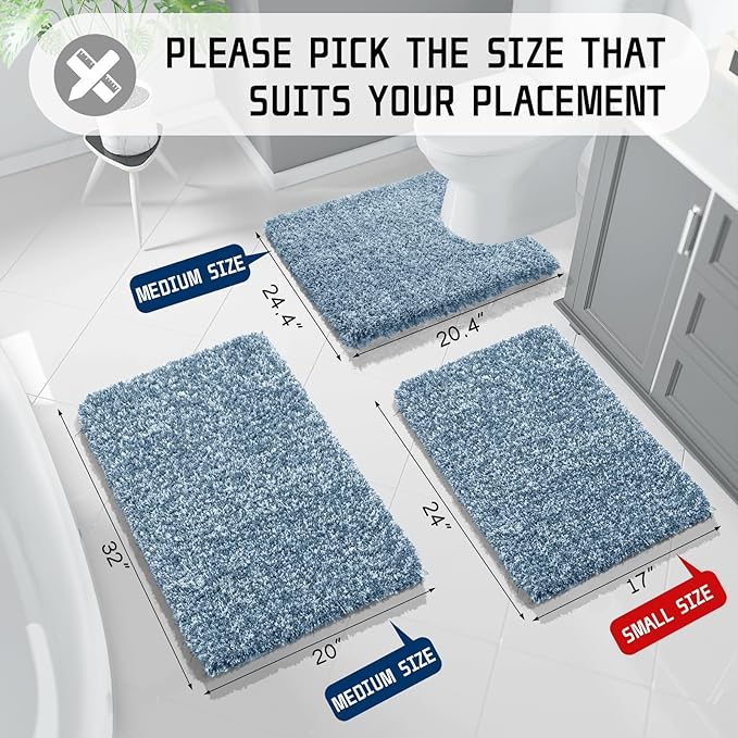 Yimobra Bathroom Rugs Sets 2 Piece, Soft Absorbent Bath Mat and U-Shaped Toilet Rug with Non Slip Backing, Machine Washable, Plush Shaggy Bath Mats for Bathroom, 32"x20"+24"x20", Denim Blue and White