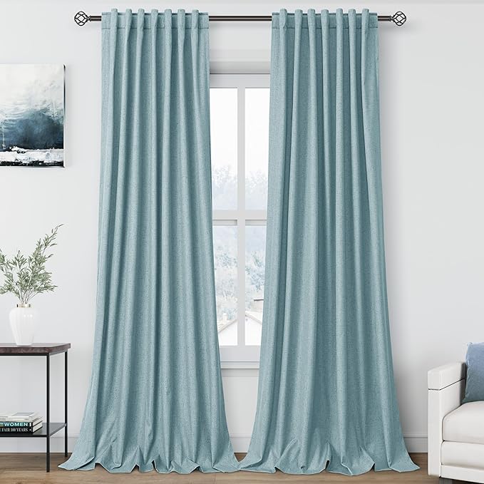 Full Black Out Light Blue Window Curtains Panels 102 Inches Long 2 Panels Set for Living Room Cotton Textured Long Blackout Curtain with Backing Thermal Insulated Drapes for Nursery Bedroom 52x102