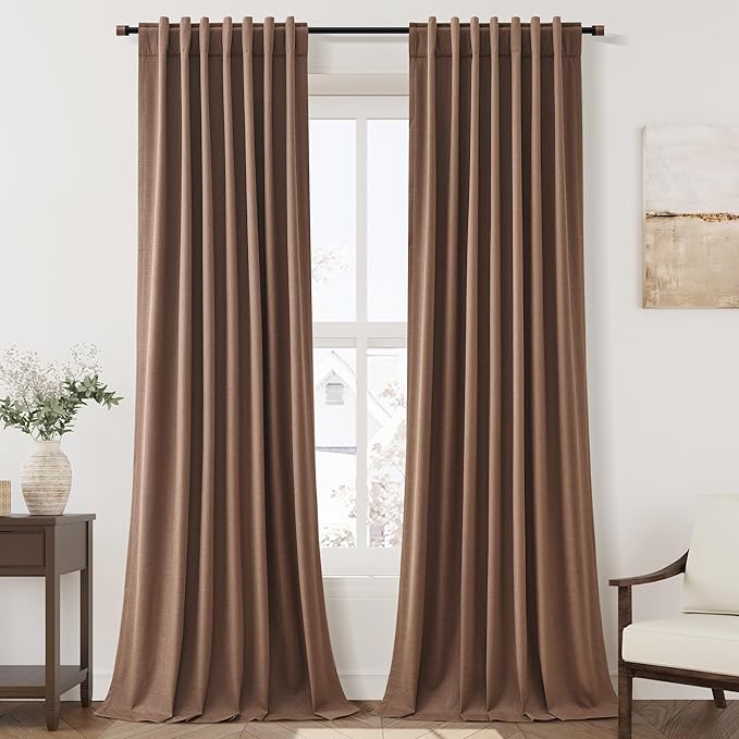 Caramel Brown Linen Curtains 90 inch Length 2 Panels Set for Bedroom Thermal Insulated 100% Blackout Linen Drapes Back Tab Neutral Rustic Modern Farmhouse Room Darkening Curtain 52x90