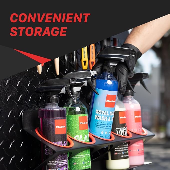Universal Detailing Spray Bottle Holder - Mobile Detailing & Car Garage Organizer, Holds 5 Sprayers (16/32oz) with 4 Small Holes, Lightweight Design, Easy Wall Mounting (2)