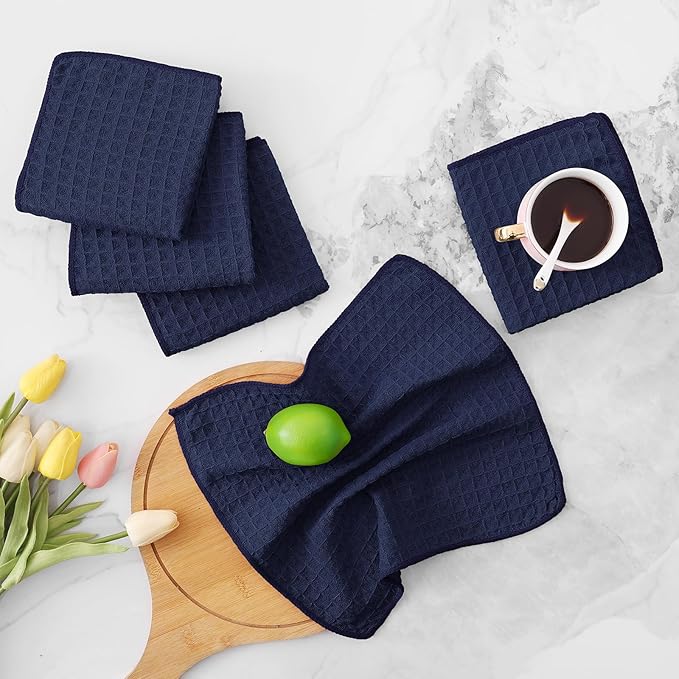 Homaxy Microfiber Waffle Weave Kitchen Dish Cloths, 12 x 12 Inch Ultra Absorbent and Solid Color Dish Towels for Kitchen Fast Drying Dishcloth for Washing Dishes, 12 Pack, Navy Blue
