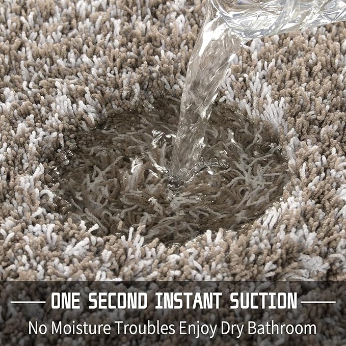 Yimobra Bathroom Rugs Sets 2 Piece, Soft Absorbent Bath Mat and U-Shaped Toilet Rug with Non Slip Backing, Machine Washable, Plush Shaggy Bath Mats for Bathroom, 32"x20"+24"x20", Light Brown and White