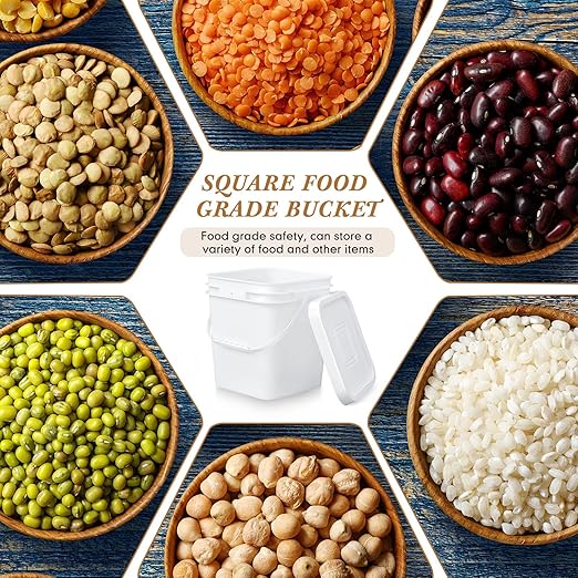 Mumufy 5 Pcs 3.5 Gallon Square Food Grade Bucket with Lid Square Bucket Pail with Plastic Handles for Storing Dry Food, Charcoal, Camping, Fishing (White)