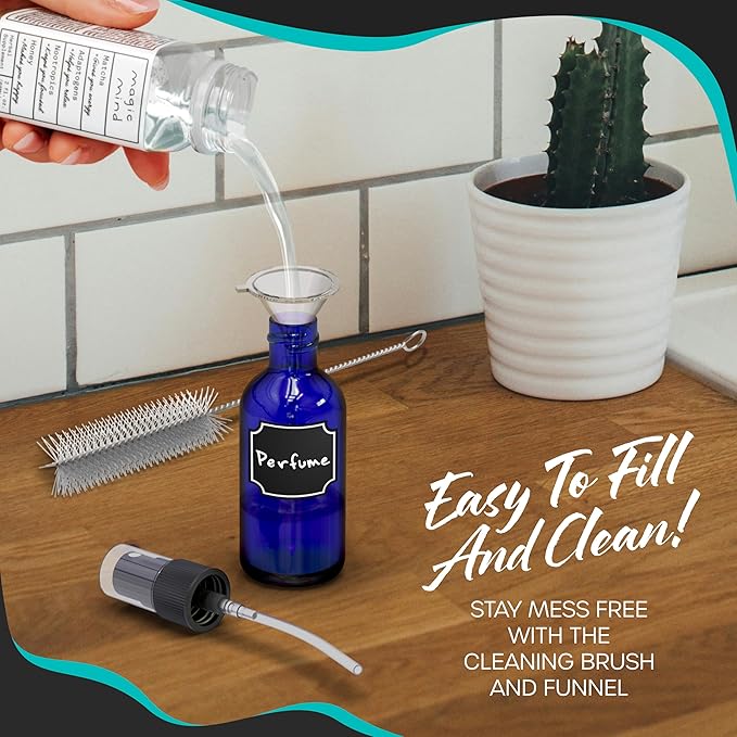 Nevlers Cobalt Blue Glass 1 Oz Small Spray Bottle 48 Pack | Misting Bottle Set w/Shrink Wrap, Funnel, Brush, Marker & Labels | Empty Spray Bottles For Essential Oils, Fragrance, Hand Sanitizer & More