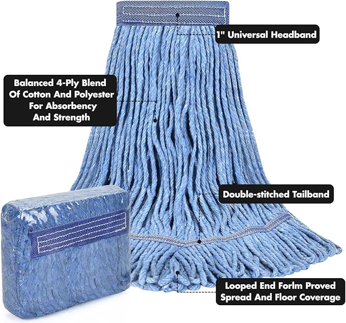 KULED Commercial Mop Head Replacement, Heavy Duty Industrial Cotton Mop Heads, Looped-End String Wet Mop Head for General and Floor Cleaning, Blue (3 Count)