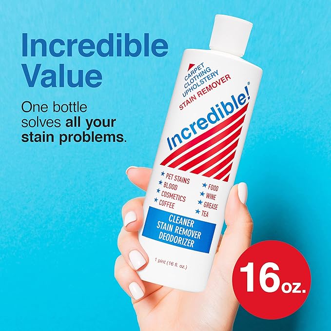 INCREDIBLE! Stain Remover - Commercial Pack Quantity, Professional Stain Cleaner For Carpets, Fabric, Linen, Laundry, Mattress, Car Upholstery – Pet Stains, Urine, Blood, Red Wine, 16.oz, Pack of 6