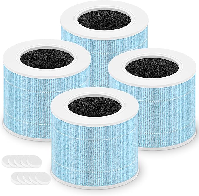 Core Mini Smoke Remover Replacement Filter for LEVOIT Core Mini-P Air Purifier, 3-in-1 High-Efficiency H13 True HEPA Activated Carbon Filter, Core Mini-RF-SR, 4 Filter & 10 Fragrance Sponge, Blue