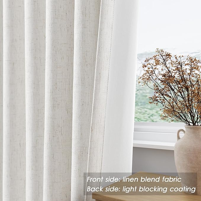 Nanspring Cream White Linen Blackout Curtains 80 inch Length Back Tab Rod Pocket Thermal Insulated Textured Living Room Blackout Curtains 2 Panels Set 52x80