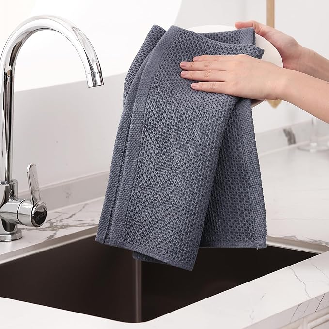 Homaxy 100% Cotton Oversized Waffle Weave Kitchen Dish Towels, Ultra Soft Absorbent Quick Drying Cleaning Towel, 20 x 28 Inches, 8-Pack, Dark Grey