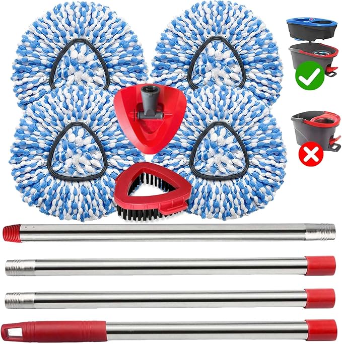Spin Mop Replace Heads for O Cedar Rinse Clean 2 Tank System, Spin Mop Replacement Head 4 Microfiber Mop Refills, 1 Triangle Head Cover and 30-58in Handle 1 1Scrub Brush