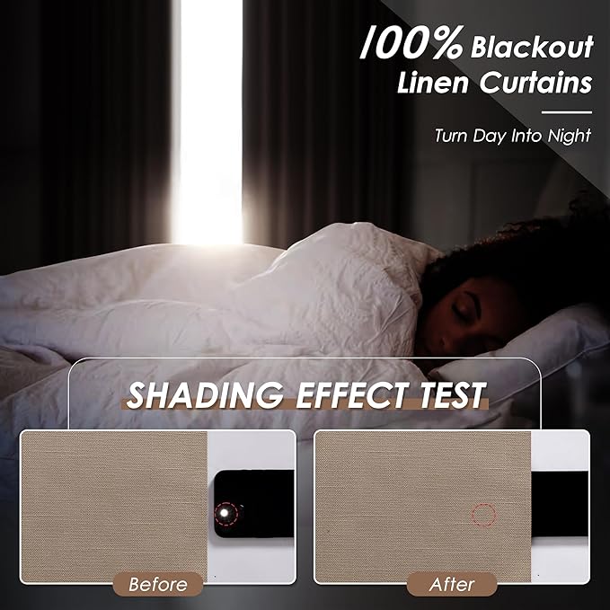 Tan Linen Blackout Curtains 120 Inch Length 2 Panels Set Extra Long 10 Ft Back Tab Pocket Drapes Thermal Insulated Total Blocking Curtains for Dining Room Cottage High Window Curtain 52x120 Inch