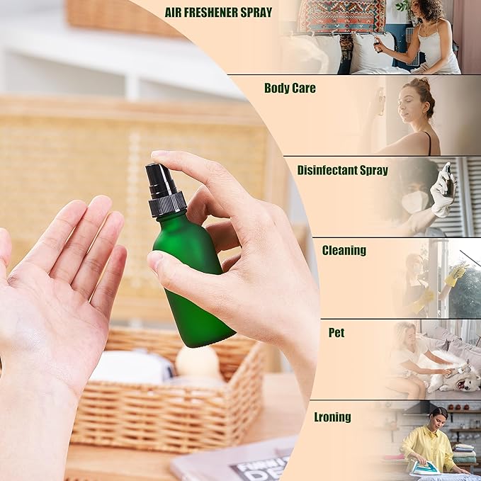 2 oz Glass Spray Bottles, Reusable Fine Mist Sprayer Small Spray Bottle, Preety Frosted Texture, Leak-Proof Design, Perfect for Travel, Skin Care, Perfumes (Green-Frosted, 2oz-48pcs)