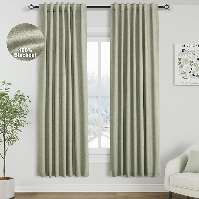 Nanspring Sage Green Linen Blackout Curtains 72 inch Length Back Tab Rod Pocket Curtain Thermal Insulated Textured Living Room Blackout Curtains 2 Panels Set 52x72
