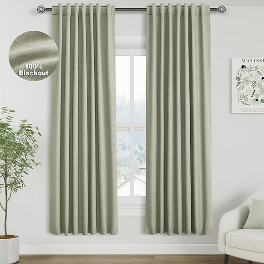 Nanspring Sage Green Linen Blackout Curtains 72 inch Length Back Tab Rod Pocket Curtain Thermal Insulated Textured Living Room Blackout Curtains 2 Panels Set 52x72