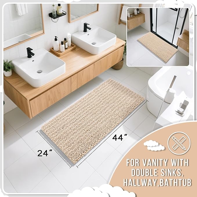 Yimobra Long Bathroom Rugs Non Slip Washable 44x24 Inch - Ultra Soft Absorbent Chenille Bath Mat, Quick Dry Shaggy Floor Carpet for Tub Shower, Light Brown Home Decor Accessories