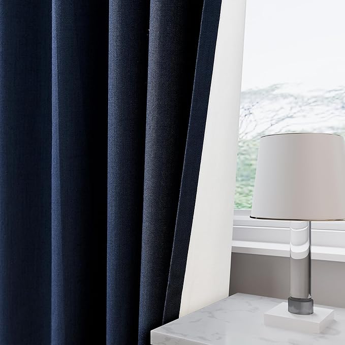 Navy Blue Linen Blackout Curtains 72 inch Length Back Tab Rod Pocket Thermal Insulated Textured Living Room Blackout Curtains 2 Panels Set 52x72