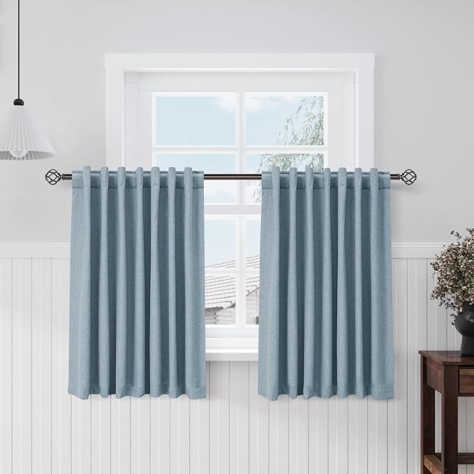 Nanspring Blue Linen Kitchen Curtains Back Tab Rod Pocket Drapes Thermal Insulated Textured Short 100% Blackout Curtains 2 Panels Set 52x45