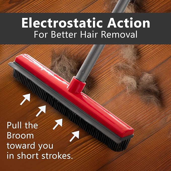 Stanley Home Products Rubber Broom – for Carpets Floors Stairs Upholstery – Electrostatic Action Removes Pet Hair Lint Fuzz Dirt Particles – Built-in Squeegee Tackles Wet Messes (Broom Head)