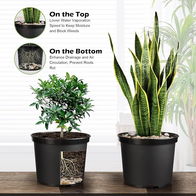 5 Gallon Pots with 10lbs Rocks, 12 Inch Plastic Nursery Pots with Drainage Holes, Round Sturdy Garden Pots with Stones, Deep Nursery Pots for Plants, Gardening Gifts for Women (5-Pack, Black)