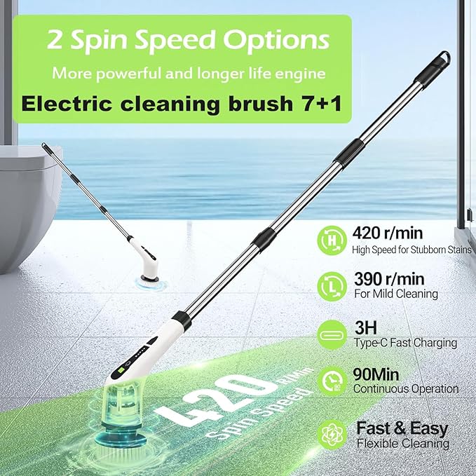 Electric Cleaning Brush Spin Scrubber, Cordless Cleaning Brush with 7 Replaceable Brush Heads. 2 Speeds Power Scrubber Brush for Floor,Kitchen, Bathroom, Tub, Floor, Tile,Adjustable Long Handle