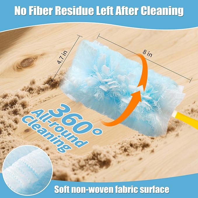 40 Count 360° Heavy Duty Duster Refills Compatible with Swiffer, Large Size-Extra Thick Disposable Electrostatic Duster Refill with 1 Short Handle for Furniture, Blinds, Ceiling Fans(Blue)
