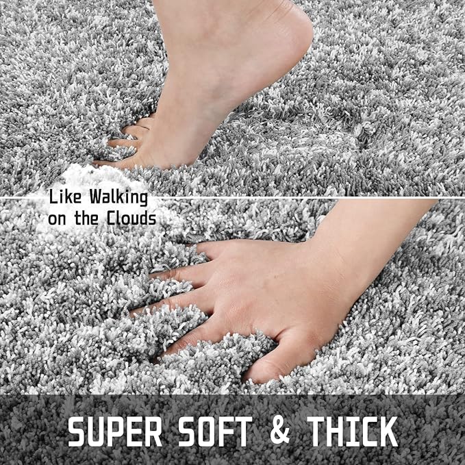 Yimobra Bathroom Rug Set 2 Piece, Soft Absorbent Microfiber Bath Mat Set, Non Slip Machine Washable Dry, Plush Shaggy Shower Rugs for Bathroom Floor, 32"x20"+24"x17", Light Gray and White